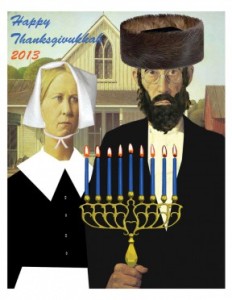 This image shows an American Gothic Thanksgivukkah Poster celebrating Thanksgiving and Hanukkah. (ModernTribe.com)